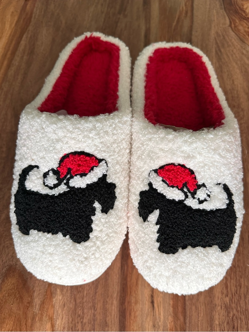 Scottie Dog Slippers festive mule-style house shoes Sherpa white red Santa hat